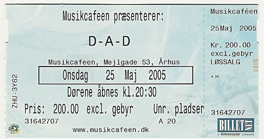 TICKET FOR CLUB GIG AT MUSIKCAFEEN, ÅRHUS (DK), MAY 25, 2005