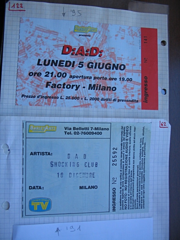 TICKET FOR FACTORY, MILAN (IT), JUNE 5, 1995 AND TICKET FOR SHOCKING CLUB, MILAN (IT), DECEMBER 10, 1991