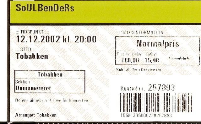 TICKET FOR SOULBENDERS, TOBAKKEN, ESBJERG (DK), DECEMBER 12, 2002