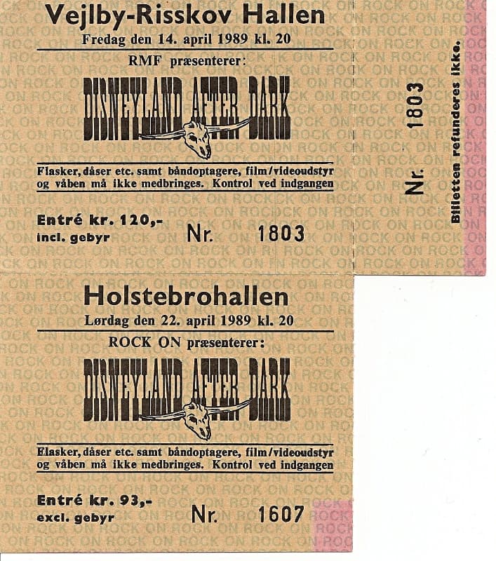 TICKETS FOR VEJLBY-RISSKOV HALLEN (DK), APRIL 14, 1989 AND FOR HOLSTEBROHALLEN (DK), APRIL 22, 1989