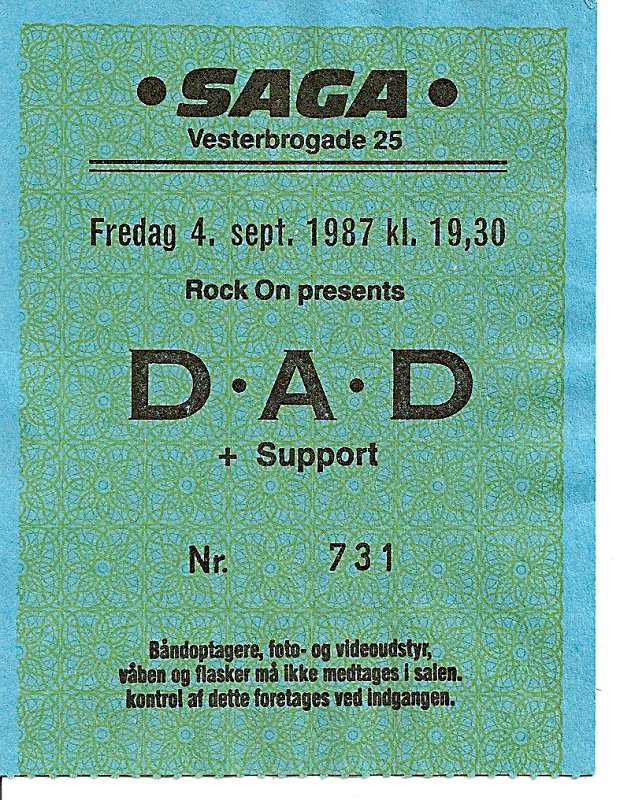 TICKET FOR SAGA, COPENHAGEN (DK), SEPTEMBER 4, 1987