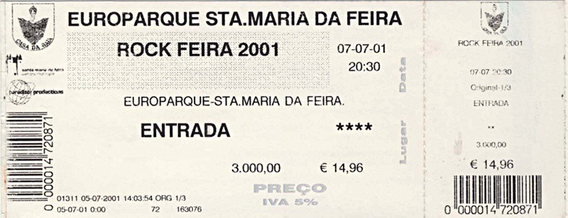 TICKET FOR ROCK FEIRA 2001, OPORTO (PT)