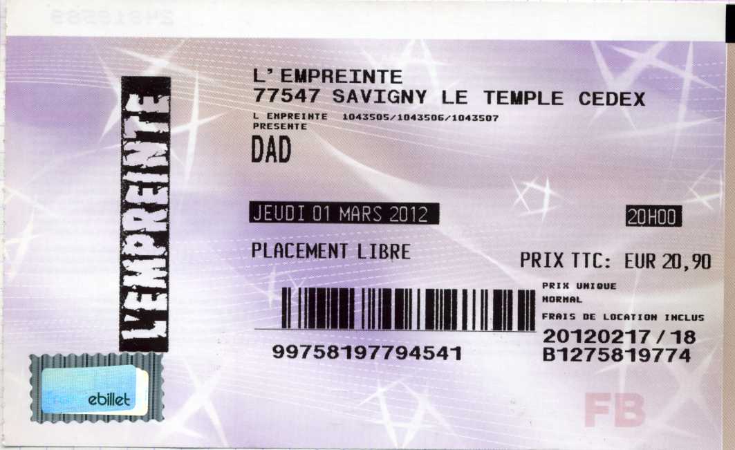 TICKET FOR L'EMPREINTE, SAVIGNY-LE-TEMPLE (FR), MARCH 1, 2012
