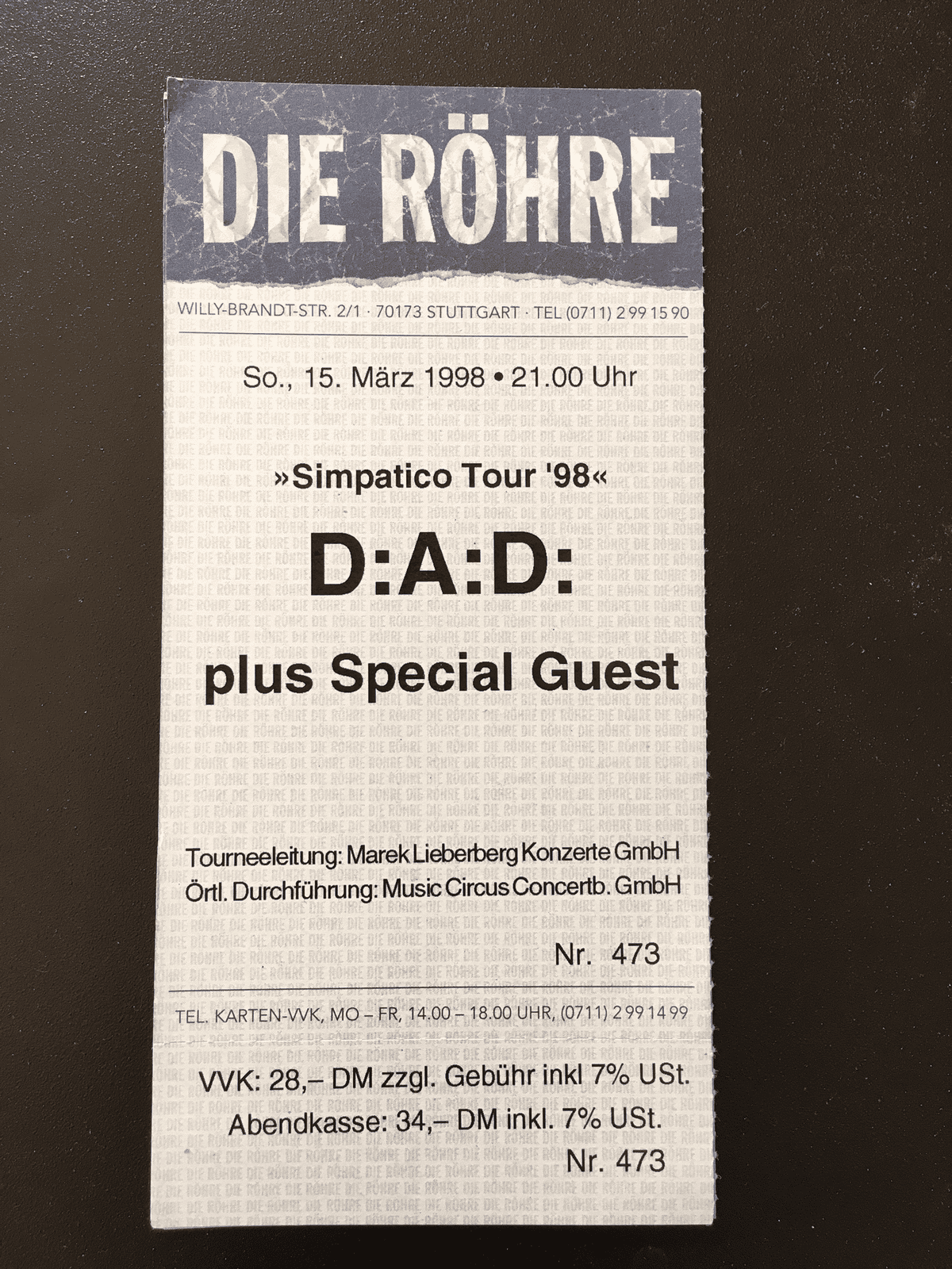 TICKET FOR DIE RÖHRE, STUTTGART (DE), MARCH 15 1998
