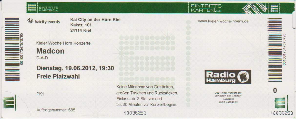 TICKET FOR KIELER WOCHE/HÖRNBÜHNE, KIEL (DE), JUNE 19, 2012