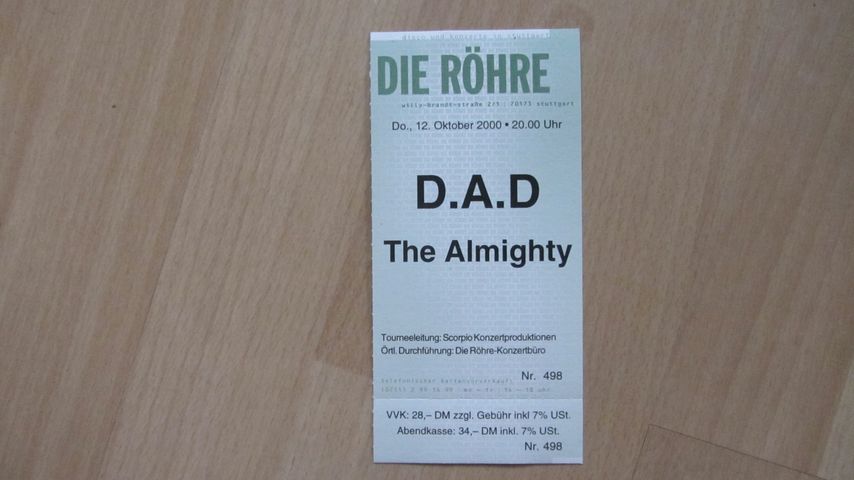 TICKET FOR DIE RÖHRE, STUTTGART (DE), OCTOBER 12, 2000
